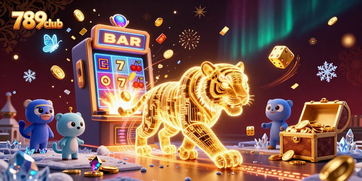 Engage with the excitement of 789club as a glowing tiger explores a vibrant casino landscape full of jackpots and games.