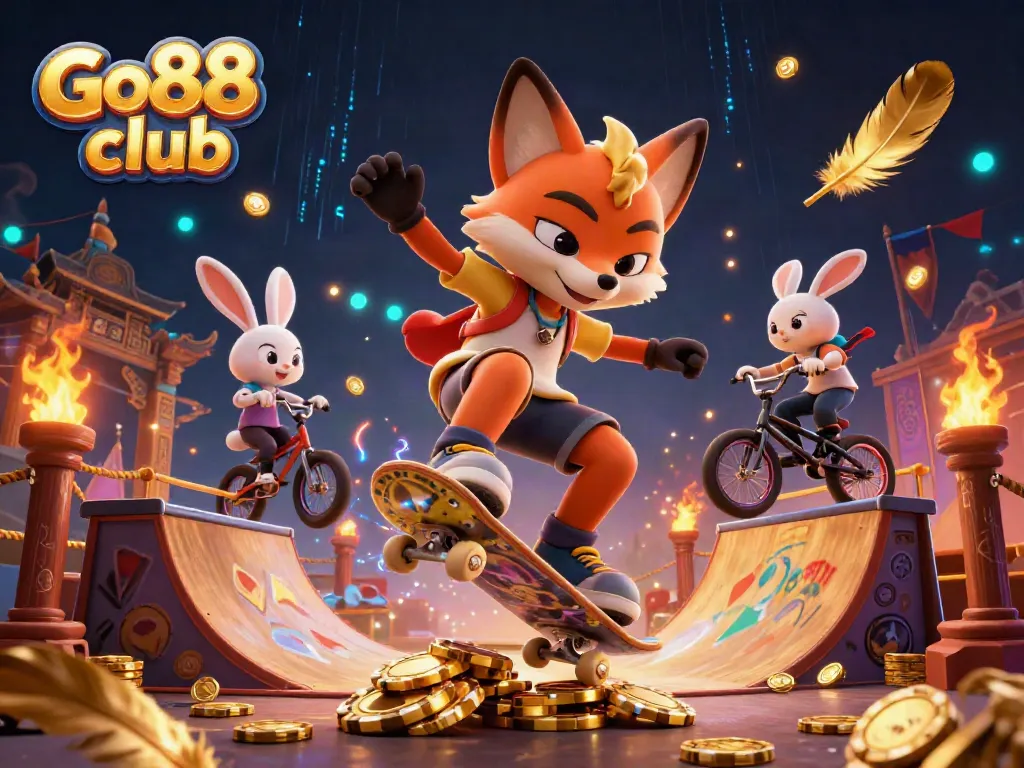 Exciting Go88 club scene with a skateboarder fox and BMX rabbit showcasing casino-themed tricks.