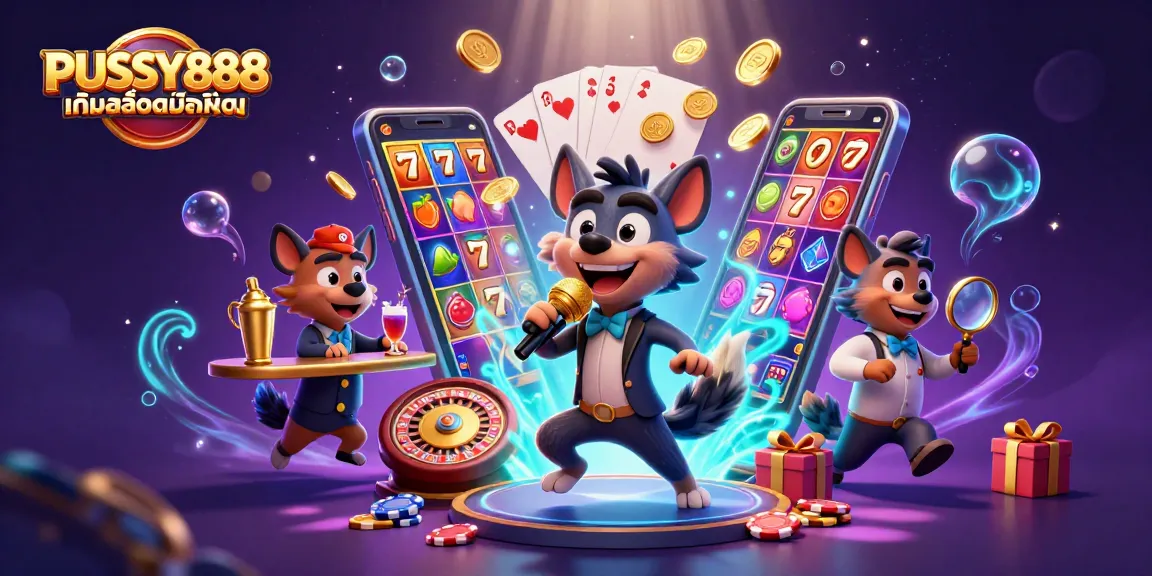 Engage with PUSSY888 เกมสล็อตมือถือ through a vibrant 3D casino scene showcasing lively characters and thrilling game elements.