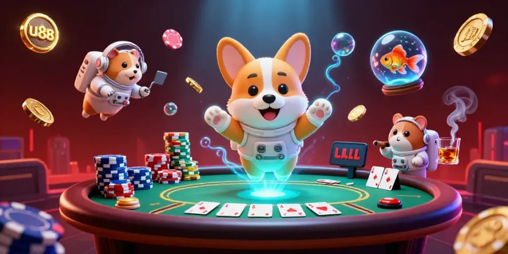 Experience thrilling moments at u88 with a playful astronaut corgi in a space casino, surrounded by poker excitement.
