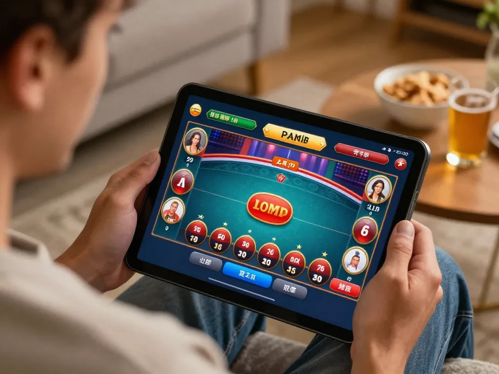 Engaged player enjoying 7mz online casino gaming on tablet in cozy atmosphere