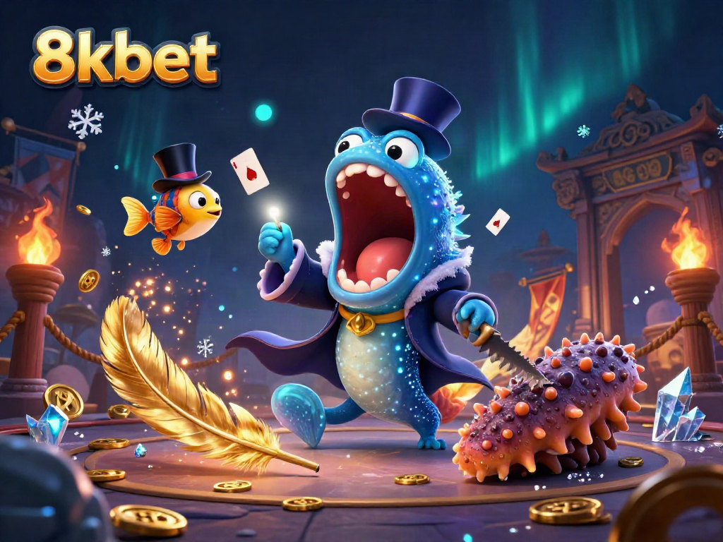 An enchanting 8kbet scene showcasing deep-sea creatures performing magic tricks with vibrant casino elements.