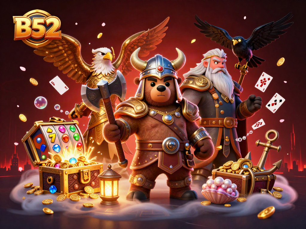 Engage with B52 casino action featuring a Viking bear and Valkyrie amidst vibrant gameplay.