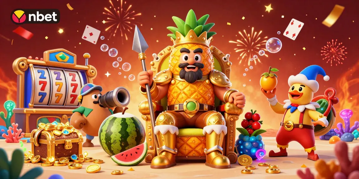 Engage with nbet in a colorful beach casino scene featuring the golden pineapple king and vibrant gaming elements.