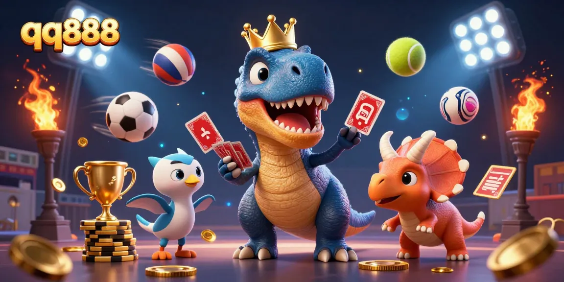 Engage in qq888 sports betting with T-Rex shuffling cards, as a pterodactyl assists and a triceratops stacks chips.