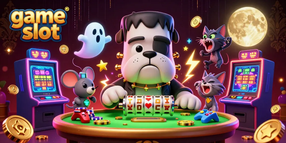 Hit big with exciting game slot reels in an enchanted casino scene featuring a playful bulldog dealer.