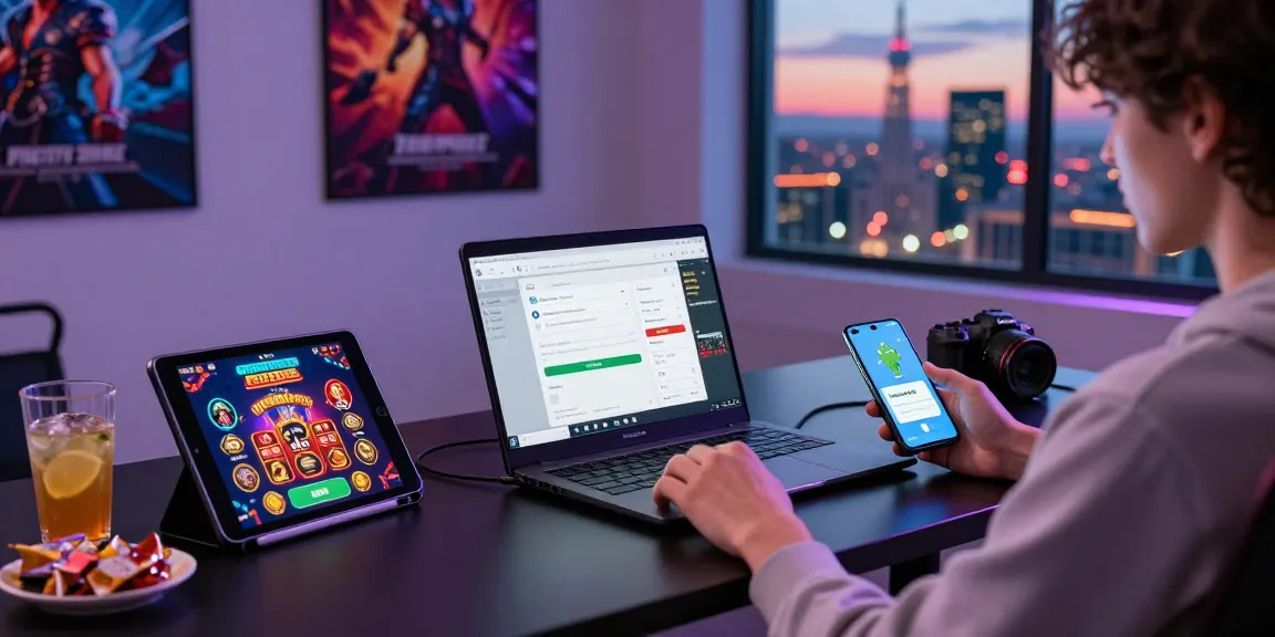 Person downloading Winbox app on a smartphone in a vibrant gaming workspace.