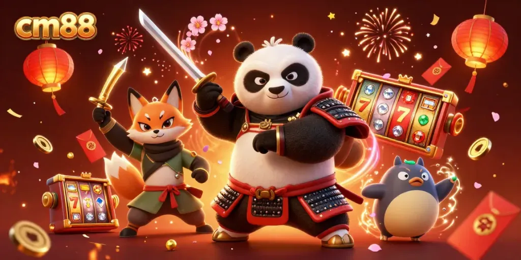 Experience wins at cm88 with a dynamic casino-themed illustration featuring samurai panda and luck.