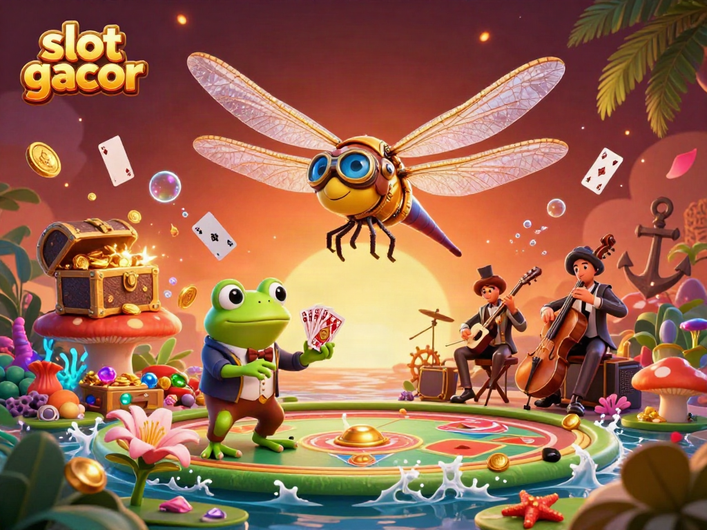 Engage with the slot gacor world depicted in a vibrant 3D scene featuring a dragonfly pilot and casino elements.