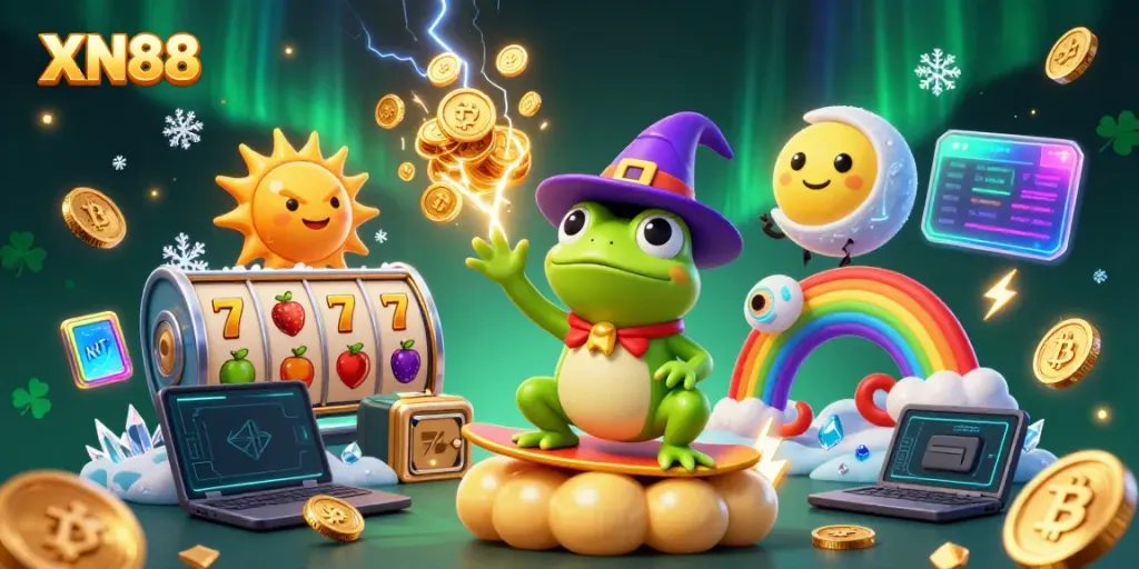 Engage with XN88's vibrant 3D casino world, featuring a wizard frog, a chameleon, and slot game elements.