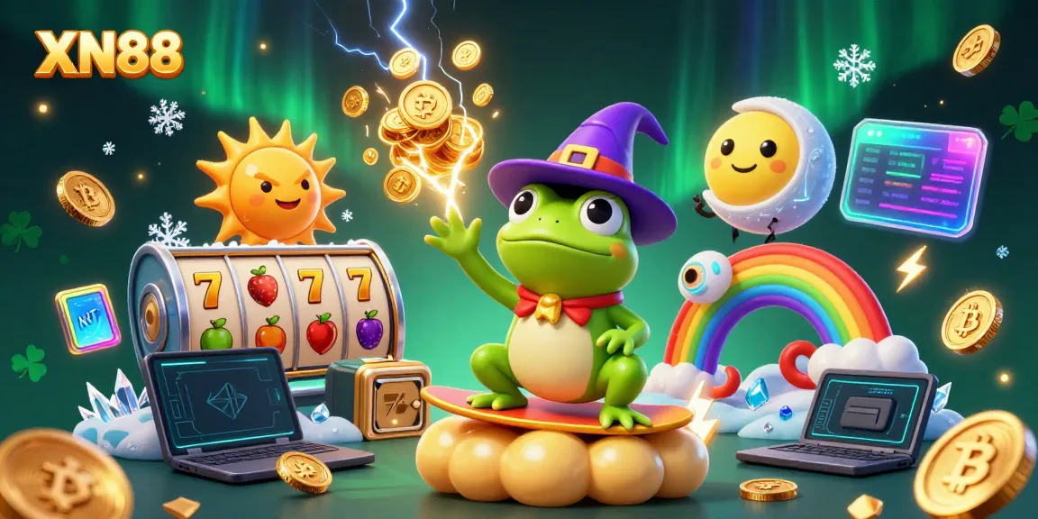 Engage with XN88's vibrant 3D casino world, featuring a wizard frog, a chameleon, and slot game elements.