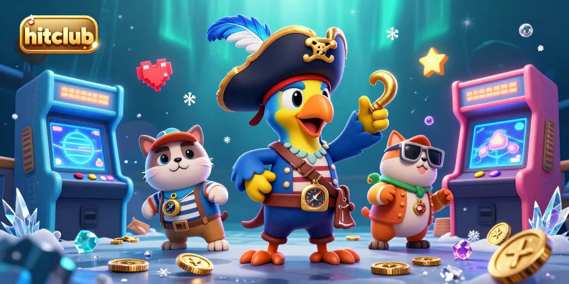 Engage with hitclub’s vibrant gaming world through a colorful 3D pirate-themed casino illustration.