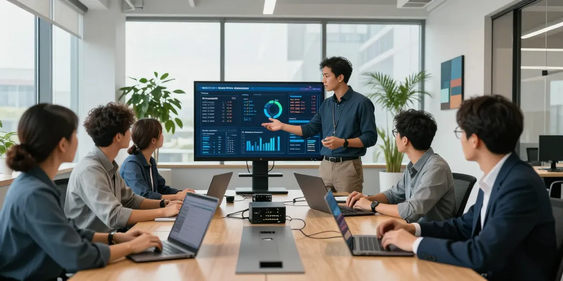 Team collaborating in a modern office showcasing outsourced IT services London with proactive monitoring technology and innovative teamwork.