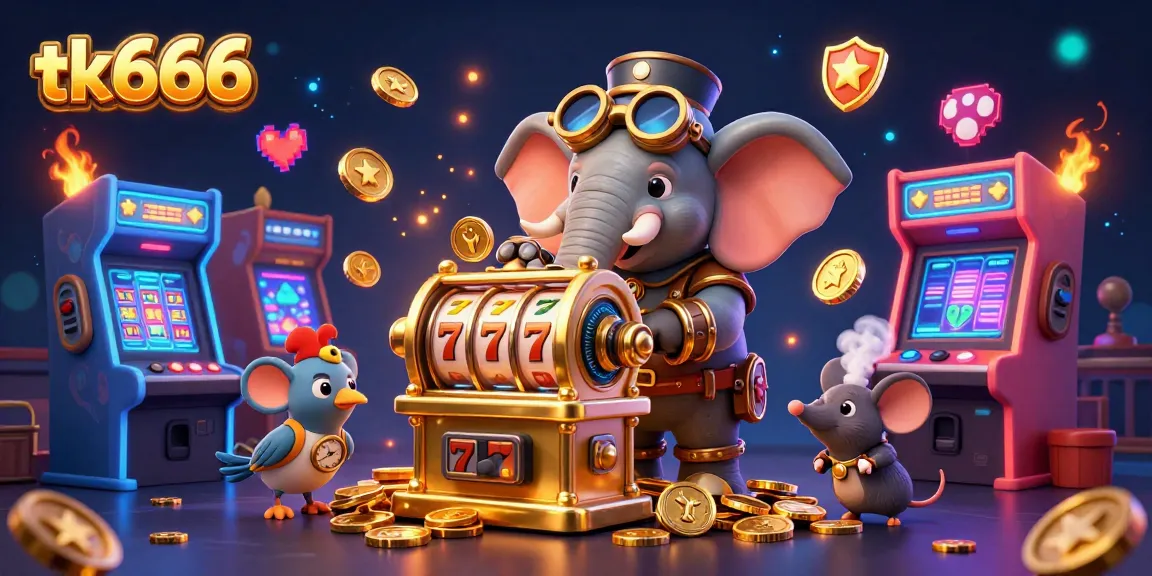 Experience thrilling gameplay at tk666 as the steampunk elephant operates a golden slot machine in a vibrant casino setting.