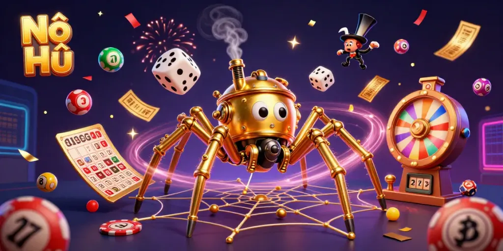 Nổ Hũ spider spins gold web as lottery balls and prizes rain down in a thrilling casino scene.