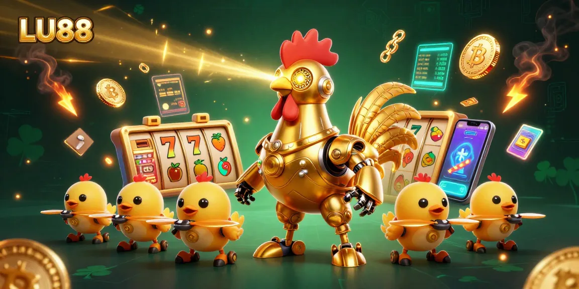 Experience thrilling gameplay with LU88, featuring a futuristic slot scene bursting with energy and crypto elements.