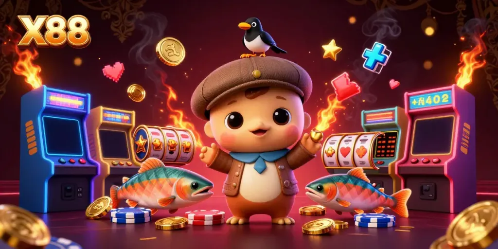 X88 entertains players with a vibrant 3D casino scene featuring Nessie, a magpie, and salmon amidst slot machines and poker chips.