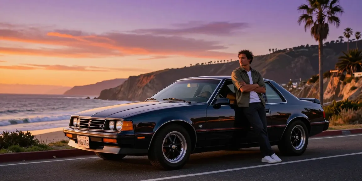 Classic 1988 Holden SV88 parked on a scenic coastal road at sunset.