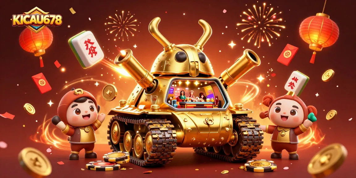 KICAU678 reveals a vibrant casino scene inside a golden beetle tank, celebrating with confetti and lucky elements.