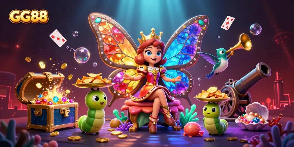 Engage in exciting gameplay at GG88 with vibrant characters and dynamic casino elements in a 3D digital illustration.