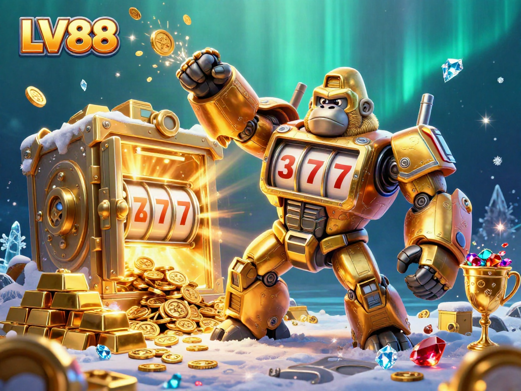 Dynamic LV88 casino scene with golden gorilla mech and treasures highlighting thrilling gameplay