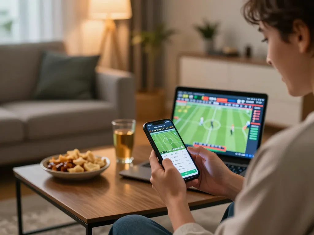 Soi Kèo sports betting in a cozy living room with a smartphone and laptop displaying live match updates.