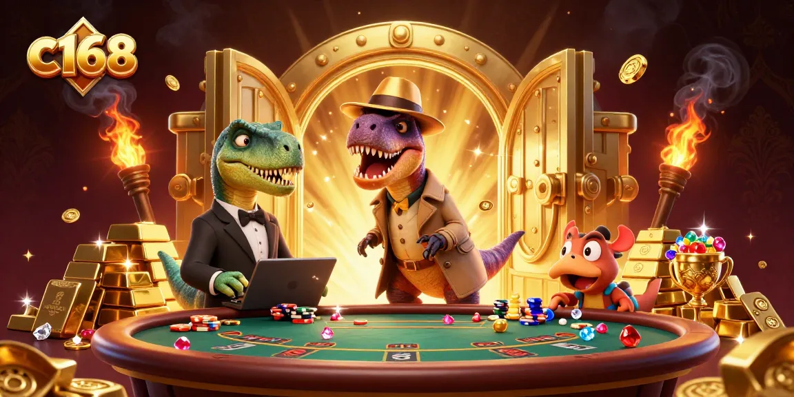 c168 cartoon velociraptor at blackjack table while treasure bursts open