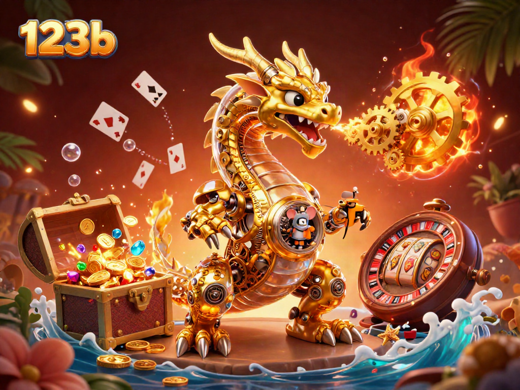 Join the excitement at 123b with a vibrant 3D dragon and lively casino elements.