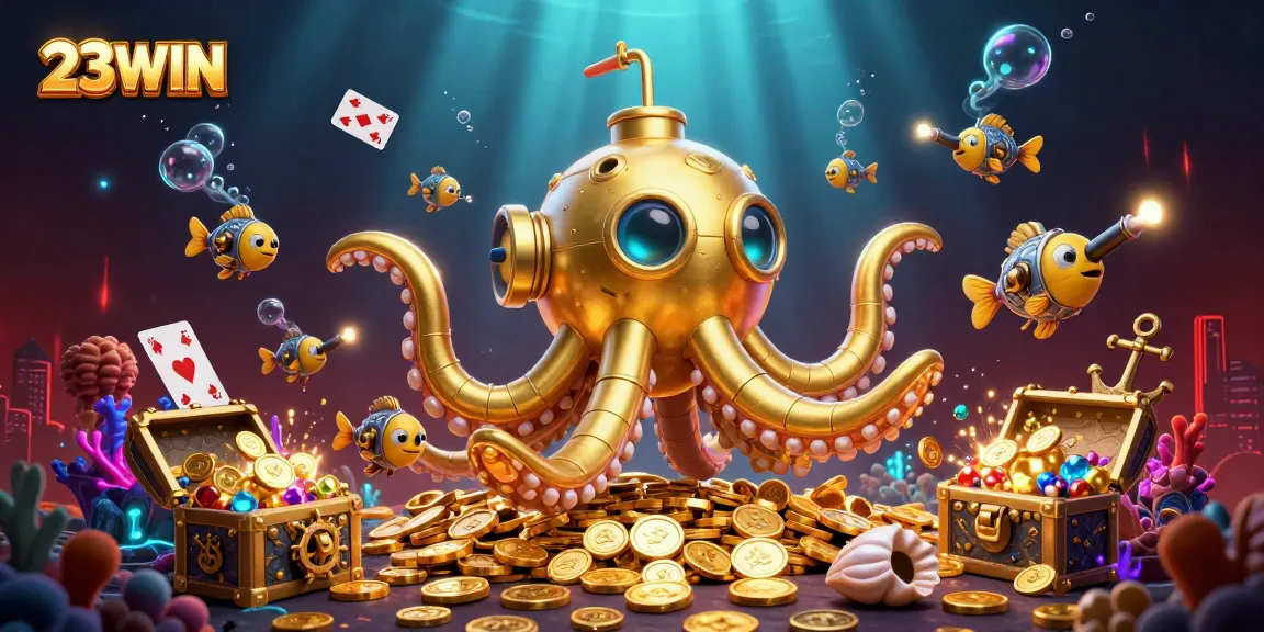 Experience 23WIN's thrilling underwater adventure with a kraken submarine amidst a treasure-filled scene.