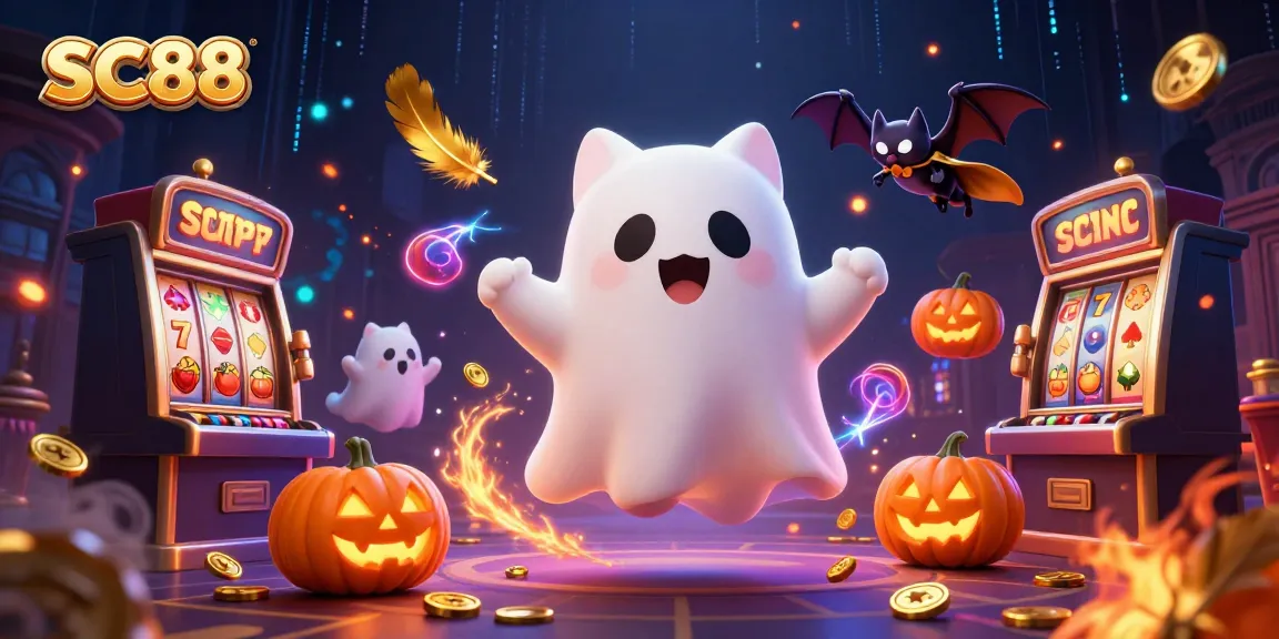 Engage with SC88's thrilling haunted casino scene featuring a ghost cat and vampire bat.