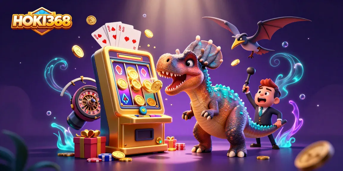 HOKI368 features a pachycephalosaurus hitting a slot machine for jackpot coins in a casino.