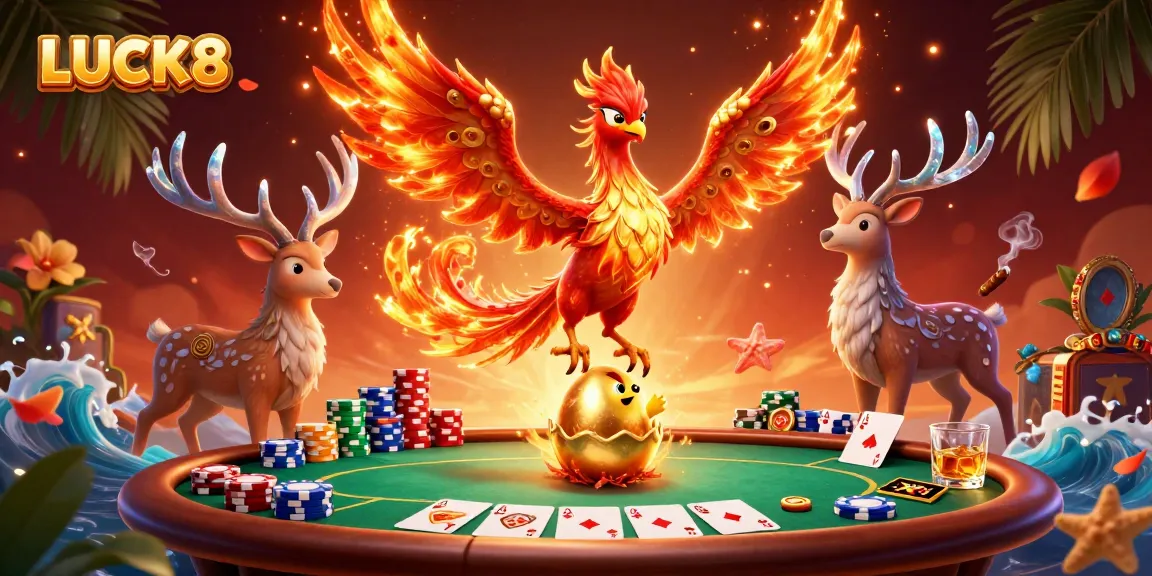 LUCK8 tạo điều kiện chiến thắng với hình ảnh dễ thương về phoenix và poker.