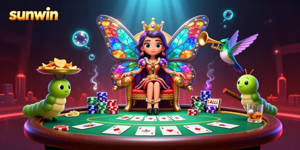 Experience thrilling poker gameplay with sunwin in this vibrant casino illustration featuring a butterfly queen.