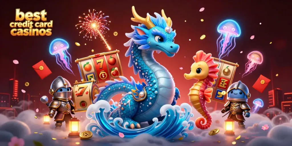Engage with the best credit card casinos featuring an azure dragon and iconic slot symbols
