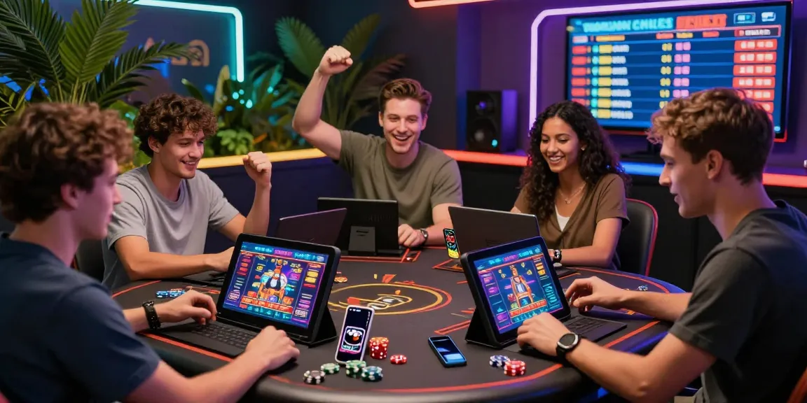 Players engaged in Rr8i gaming at a vibrant online casino scene, showcasing excitement and interaction.