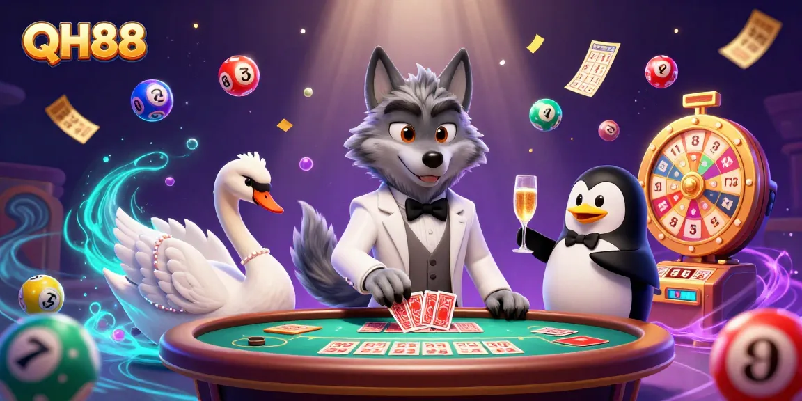 Play exciting games at QH88 with a vibrant casino scene featuring unique characters.