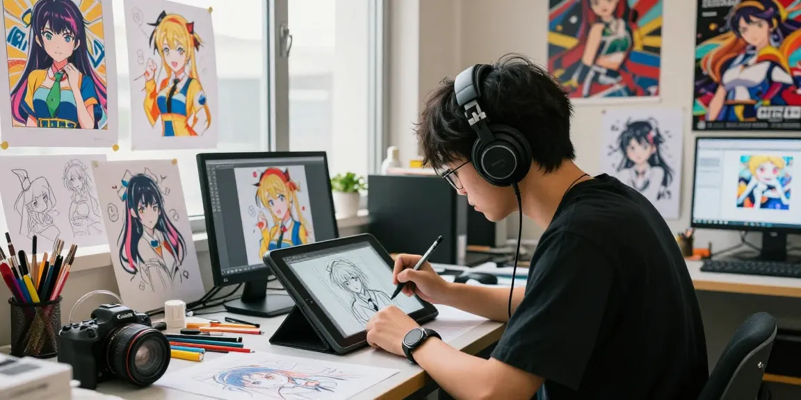 Artist illustrating ai ecchi character in a colorful anime art studio