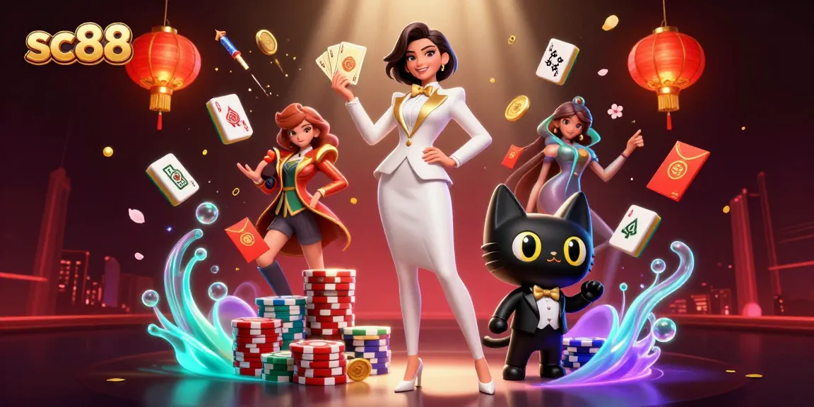 Experience the excitement of sc88: A glamorous woman shuffles cards with a tuxedo cat beside her amidst casino festivities.