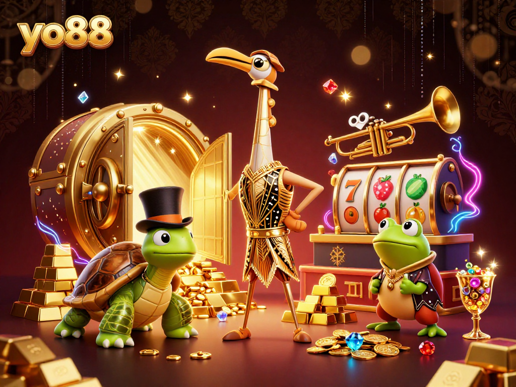 Experience winning slots with yo88 in this dynamic casino-themed 3D illustration featuring vibrant characters.