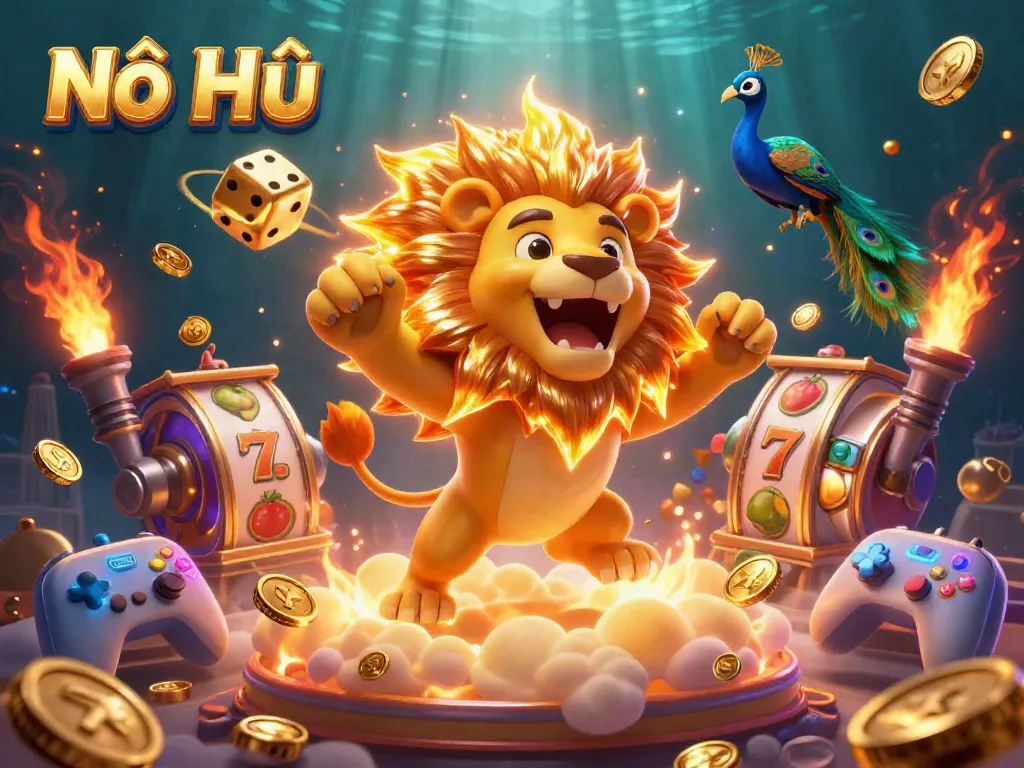 Nổ Hũ offers an exciting jackpot experience with 3D cartoon characters and vibrant slot elements.