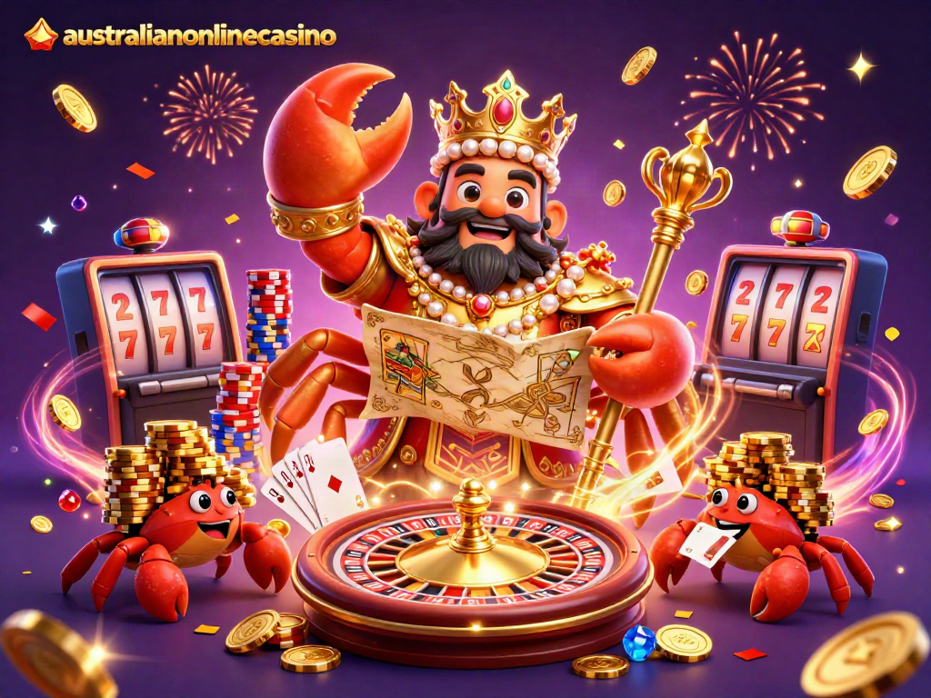 Experience thrilling gameplay with vibrant 3D characters at australianonlinecasino, featuring golden crab emperor and dynamic casino elements.