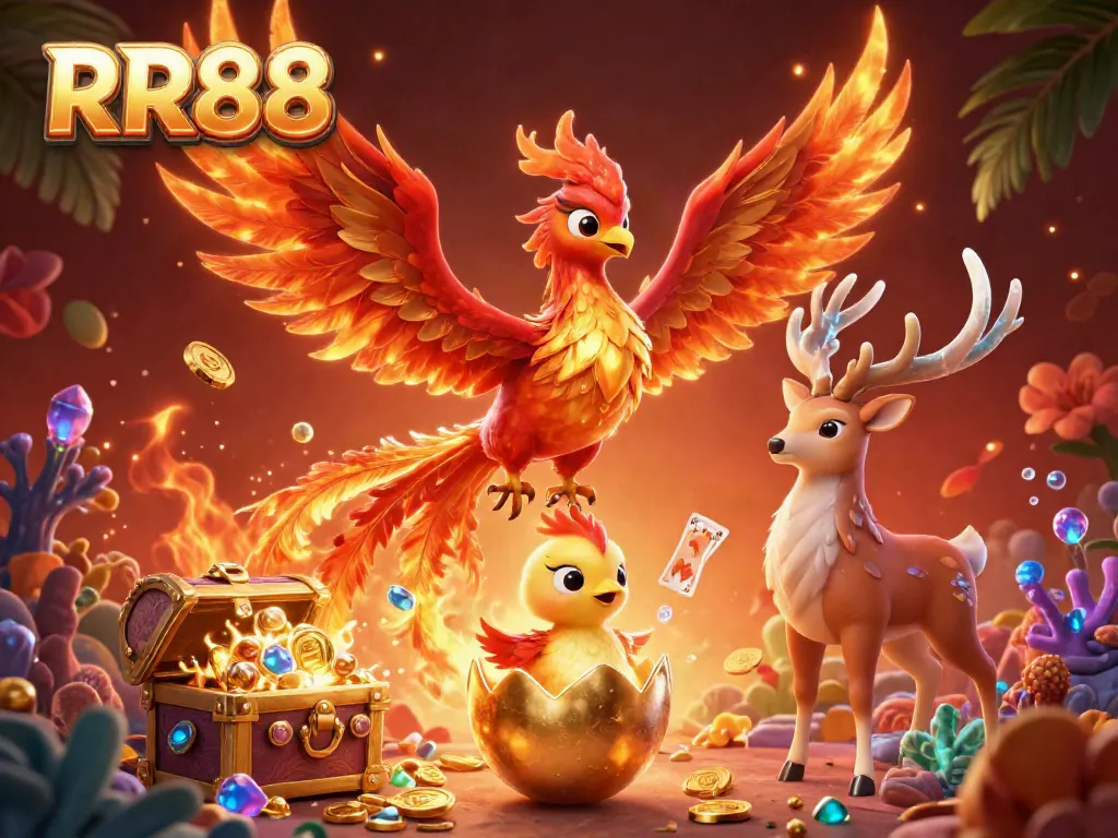 Experience thrilling gameplay at RR88 casino with captivating phoenixes and dynamic gold elements.