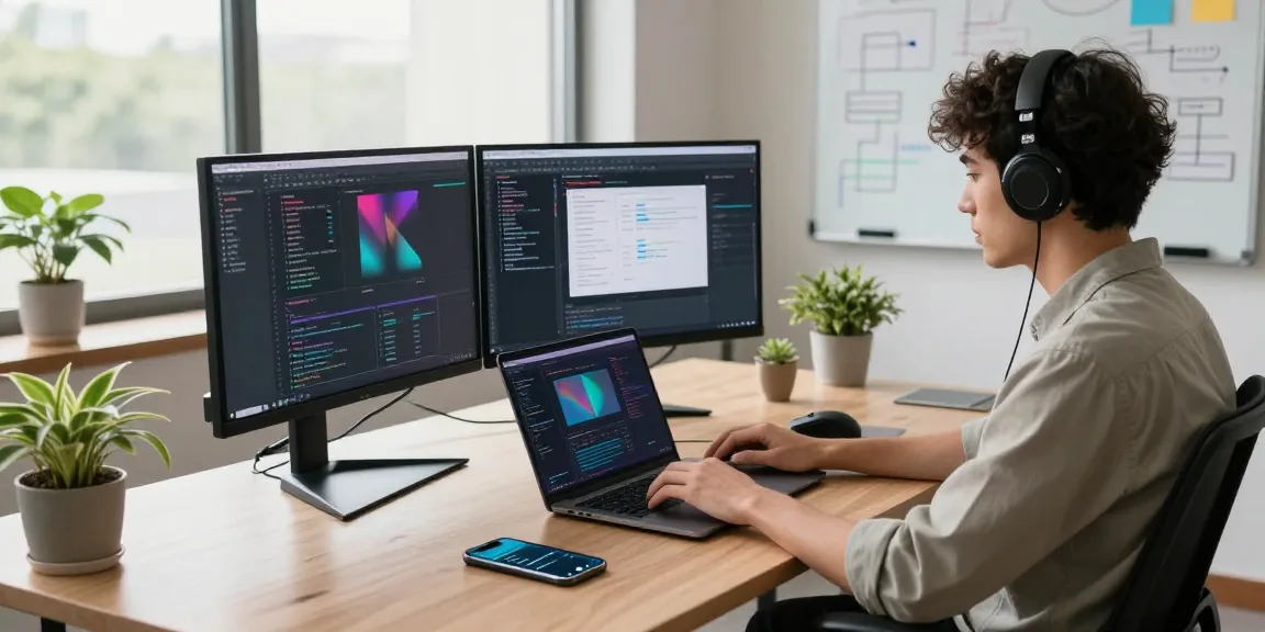 快连 technology workspace with developer at dual monitors, showcasing coding and app design in modern office.
