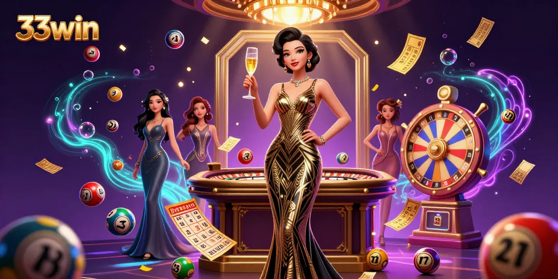 Experience the excitement of 33win with vibrant lottery balls and glamorous casino elements.