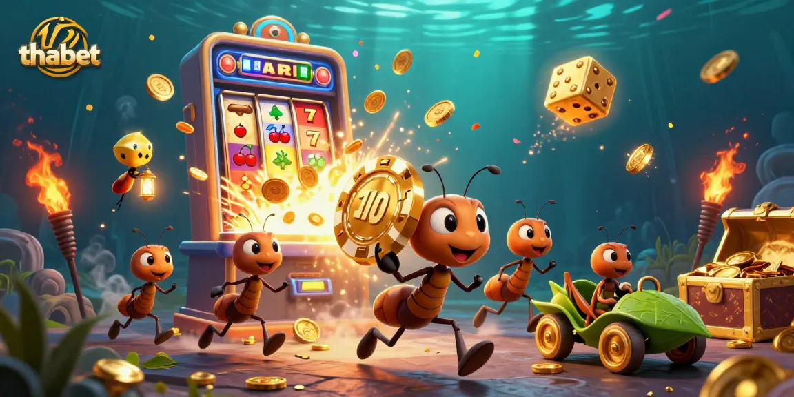 thabet team of ants conducting a heist with a golden poker chip in a vibrant casino scene.