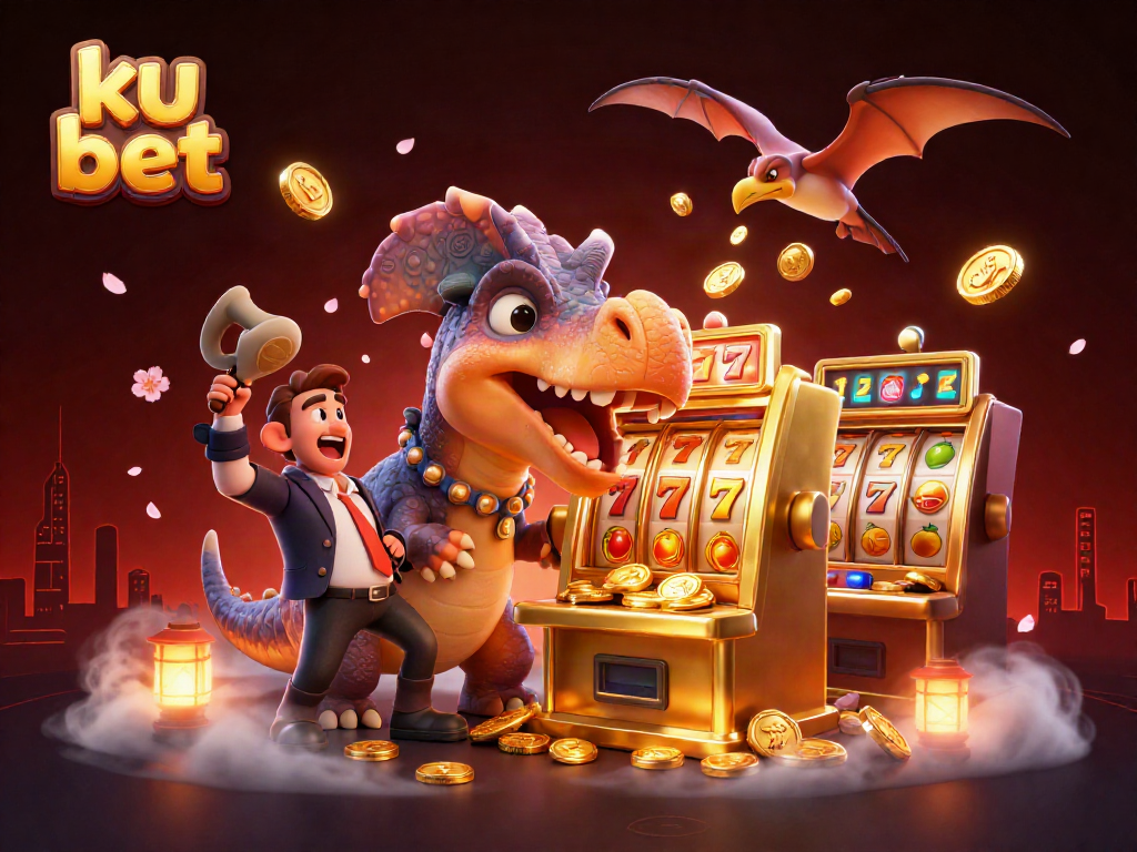 ku bet jackpot scene with dinosaurs and slot machines featuring dynamic casino elements
