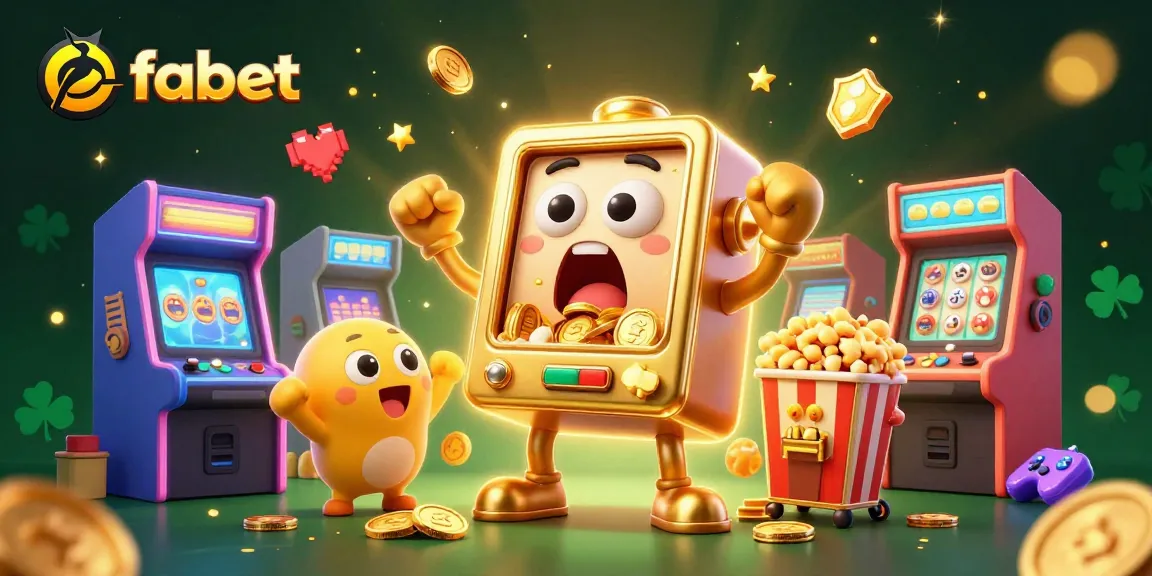 Experience fabet excitement with a golden slot machine winning a jackpot in a vibrant casino scene.