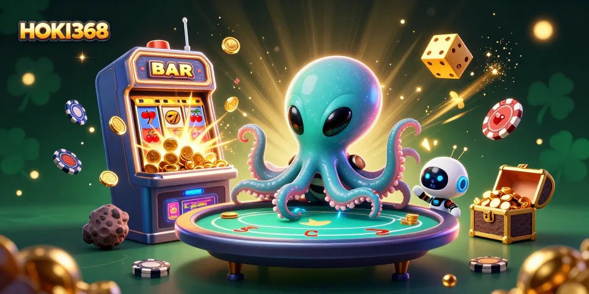 Experience thrilling gameplay with HOKI368 as a cartoon octopus leads a cosmic poker night amidst jackpot celebrations and rich visuals.