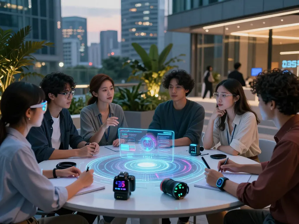 Latest tech gadgets 2035 displayed in a modern tech community setting with interactive features and vibrant discussions.