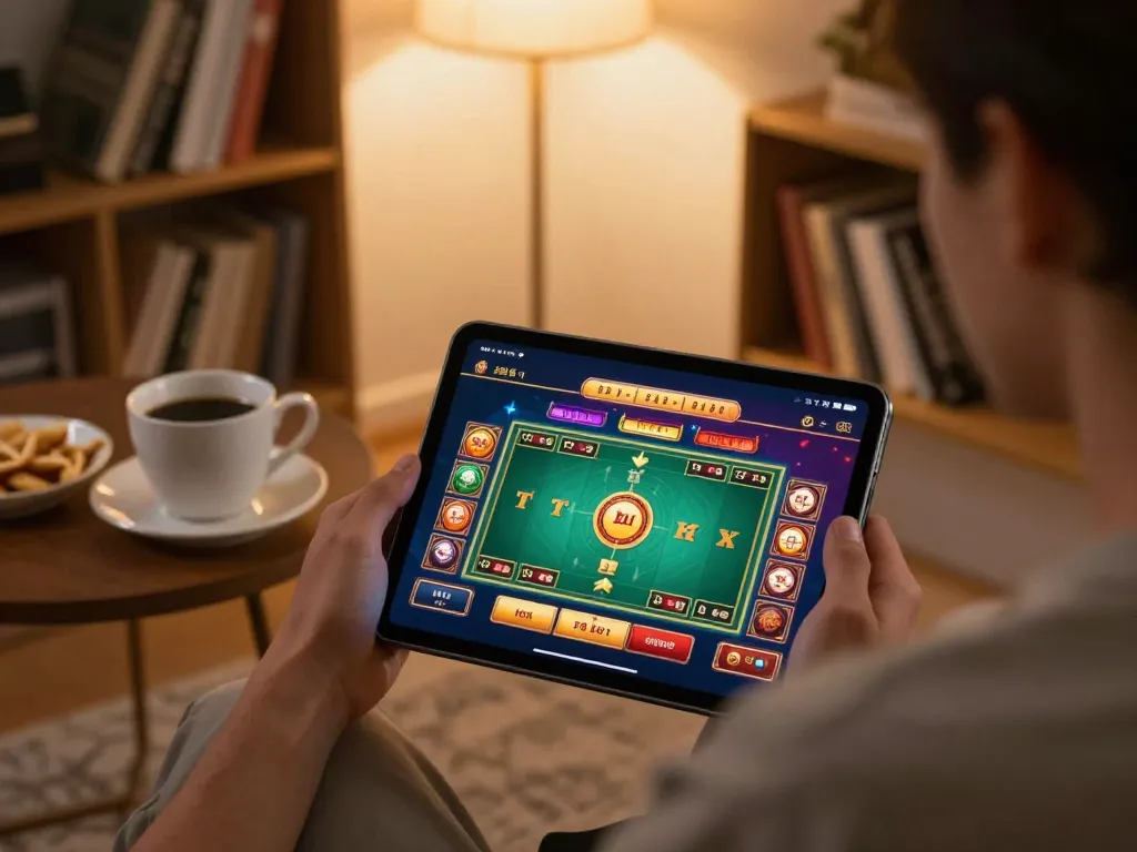 Play Tài Xỉu online through a user-friendly app interface on a cozy home setup
